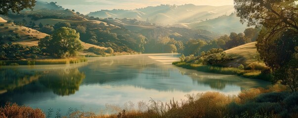 Sticker - Serene lake surrounded by rolling hills and trees, 4K hyperrealistic photo,