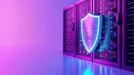 Poster - Futuristic data center with neon lights and shield representing cybersecurity and data protection in a digital environment.