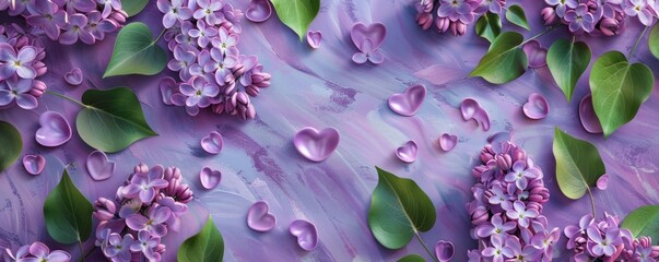 Wall Mural - Fragrant lilac blossoms with heart-shaped leaves, 4K hyperrealistic photo