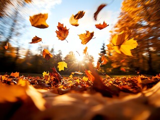 Golden autumn leaves dance in the breeze as the sun sets, creating a vibrant and peaceful nature scene.