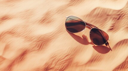 A high-quality stock image of a pair of stylish sunglasses resting on a sandy beach on the right side, leaving space on the left for text. Perfect for beachwear promotions, summer advertisements.