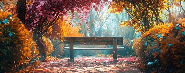 Wall Mural - Wooden bench under a canopy of colorful leaves, 4K hyperrealistic photo