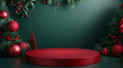 Christmas and New Year seasonal template design with decorations and copy space for social media post. Empty red podium on green plain background.