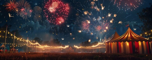 Wall Mural - Fireworks illuminating the night sky over festival grounds, 4K hyperrealistic photo