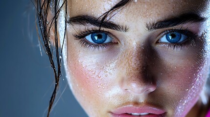 Wall Mural - Intense close-up shot of a female athlete’s eyes, locked in concentration, beads of sweat visible on her forehead, using high-definition clarity to capture every detail of her focused gaze,