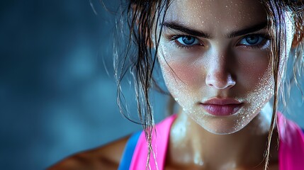 Wall Mural - A cinematic close-up of a female athlete’s brow furrowed in concentration, muscles tense, with sweat adding realism, using soft lighting to create shadows that highlight the furrows and intensity,