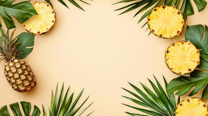 Creative summer background with sliced pineapple and tropical leaves.