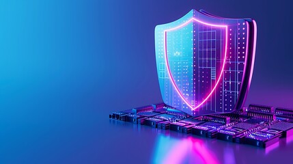 Futuristic digital shield neon light technology concept of cyber security and data protection with glowing blue and purple background.