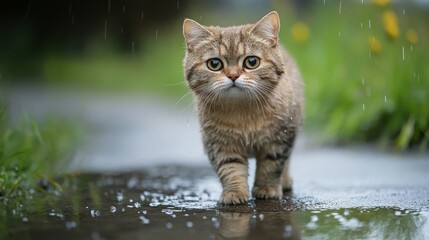 An adorable chubby cat standing in a puddle on a rainy day, its fur slightly wet and looking curiously at the water.