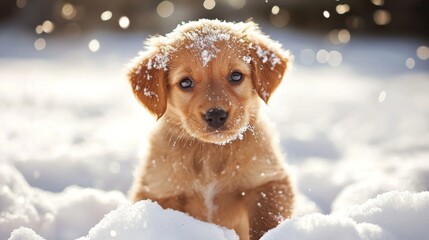 Poster - An adorable puppy playing in the snow, its fur dusted with snowflakes and its eyes sparkling with delight