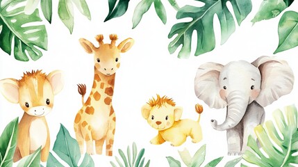 Watercolor animal art, hand-painted African safari animals, and beautiful tropical leaves are featured in this set of delightful illustrations.