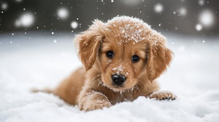 Poster - An adorable puppy playing in the snow, its fur dusted with snowflakes and its eyes sparkling with delight