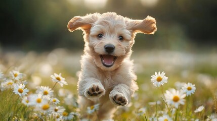 Poster - An adorable puppy running through a field of daisies, its ears flapping and a look of pure happiness on its face.