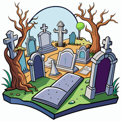 Cartoon Graveyard Crooked Tombstones, Spooky Trees - Vector Art Design