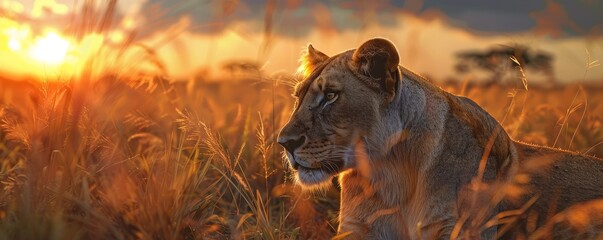 Majestic lioness in savanna sunset, 4K hyperrealistic photo