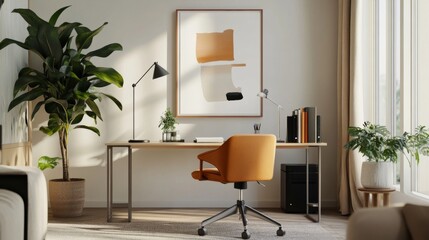 Poster - An airy home office in minimalist decor, with a sleek desk, ergonomic chair, and minimalistic artwork, promoting focus and productivity.