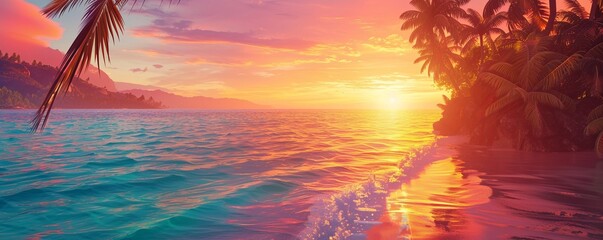 Wall Mural - Sunset over a tropical beach with vibrant colors, 4K hyperrealistic photo