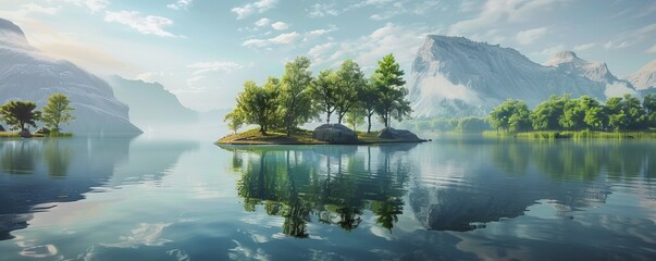 Wall Mural - Serene lake with a picturesque island in the center, 4K hyperrealistic photo