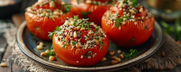 Wall Mural - Quinoa-stuffed tomatoes with herbs and pine nuts, 4K hyperrealistic photo