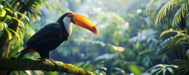 Colorful toucan perched on rainforest branch, 4K hyperrealistic photo