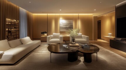 Aufkleber - An elegant minimalist living space with a comfortable seating area, minimalist decor accents, and soft lighting, ideal for hosting guests in comfort.