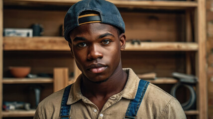 African American carpenter standing in his workshop