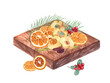 © Masha_tolk_art - Dried fruit slices, raisin, red berries, cardamoms and fresh spruce branch pile on chopping board watercolor illustration. Natural sweeet apple chips, orange wedges, cranberries healthy food.
