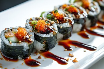 Poster - Close-up of Sushi Rolls with Soy Sauce and Sesame Seeds