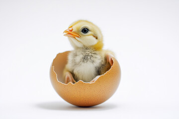 Wall Mural - Little chick hatch from egg with cracked egg shell isolated on white background, Close up shot baby chicken in egg shell.