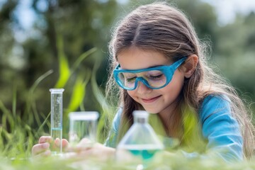 Wall Mural - A young girl is sitting on the grass and looking at a science experiment