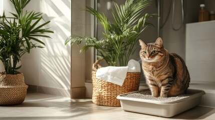 Poster - An overweight cat calmly using a litter box, with a basket of towels and a potted plant nearby, in a spacious bathroom.
