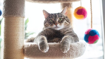 Poster - An overweight cat lounging in a cat tree, surrounded by various toys, capturing the essence of feline leisure.