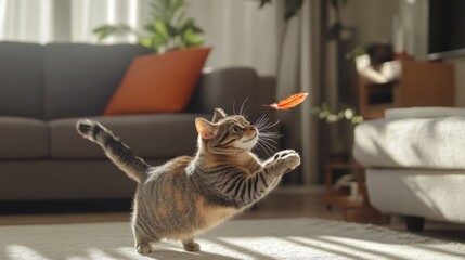 Aufkleber - An overweight cat playfully chasing a feather toy in a modern living room, showing its playful side despite its size.
