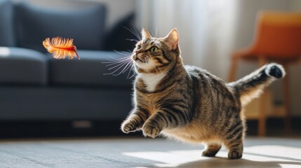 Aufkleber - An overweight cat playfully chasing a feather toy in a modern living room, showing its playful side despite its size.