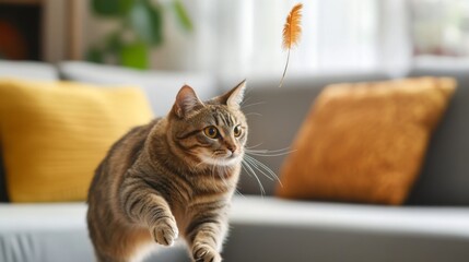 Aufkleber - An overweight cat playfully chasing a feather toy in a modern living room, showing its playful side despite its size.