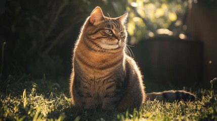 Poster - An overweight cat sitting in a patch of sunlight, its fur illuminated and creating a warm, inviting scene.