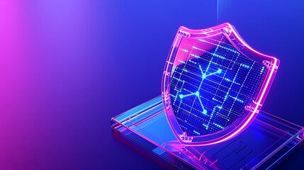Poster - Futuristic neon shield with digital network data on a transparent laptop, depicting cybersecurity and data protection.