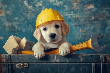 Poster - A yellow hard hat on a dog's head