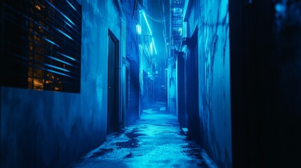 Poster - Blue neon lights illuminating a dark alley, urban nightlife scene with moody vibes