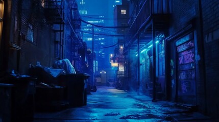 Poster - Blue neon lights illuminating a dark alley, urban nightlife scene with moody vibes