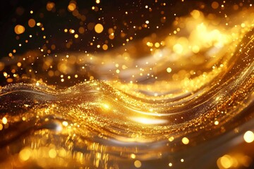 Abstract image of flowing golden waves intertwined with sparkling particles, creating a luxurious and dynamic visual effect, perfect for festive backgrounds.