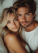 © Julia Zarubina - beautiful man and woman hugging on white sheets in bed, love, passion, couple, lovers, girl and boy, portrait, hugs, romance, tenderness, sex, relationship, embrace, sexuality, body, face, together