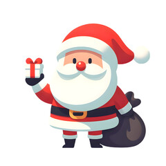 santa claus with a bag and holding a gift on transparent background