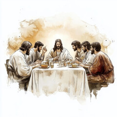 Watercolor, Last Supper with Jesus 