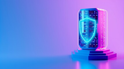 Poster - Futuristic server tower with a glowing shield icon symbolizing cybersecurity, data protection, and advanced technology.