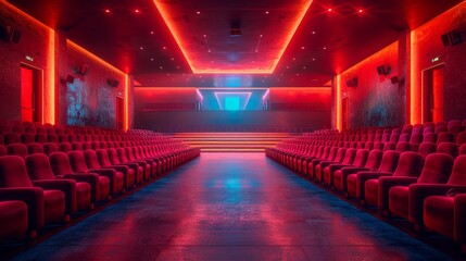 A red and blue movie theater with a red and blue stage