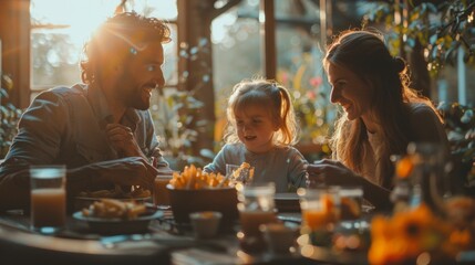 Wall Mural - A family of three is sitting at a table with food in front of them