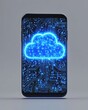 © Taras Vykhopen - Smartphone with a neon blue circuit cloud on a sleek gray background showcasing tech