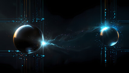 Wall Mural - A futuristic abstract scene where negative and positive ions are visualized as floating orbs surrounded by energy waves, with a dark background highlighting the contrast between opposing forces