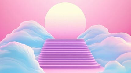Wall Mural - a pink and blue sky with a large sun and a staircase leading up to it